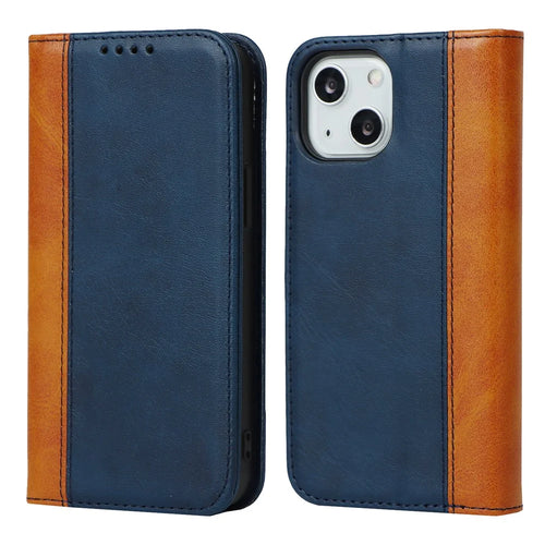 For iPhone 15 Plus PU Leather Phone Case Bi-color Splicing Anti-scratch Stand Wallet Cover - Blue+Yellow - 1