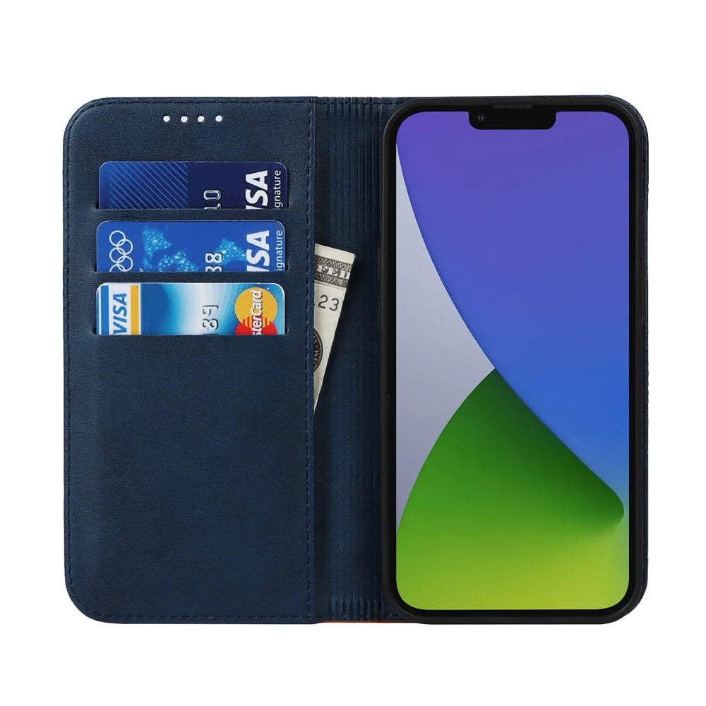 For iPhone 15 Plus PU Leather Phone Case Bi-color Splicing Anti-scratch Stand Wallet Cover - Blue+Yellow - 2
