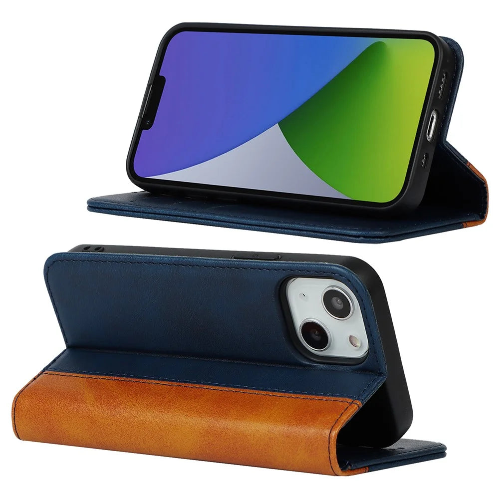 For iPhone 15 Plus PU Leather Phone Case Bi-color Splicing Anti-scratch Stand Wallet Cover - Blue+Yellow - 3