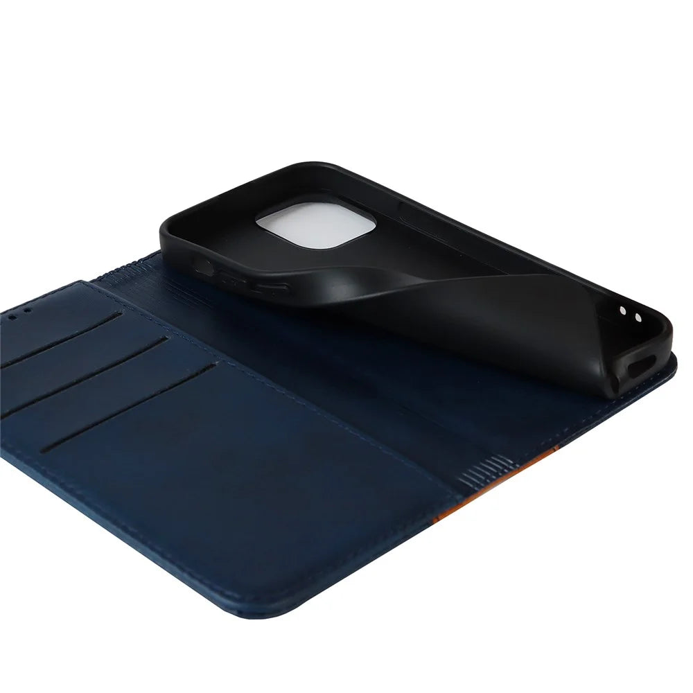 For iPhone 15 Plus PU Leather Phone Case Bi-color Splicing Anti-scratch Stand Wallet Cover - Blue+Yellow - 4