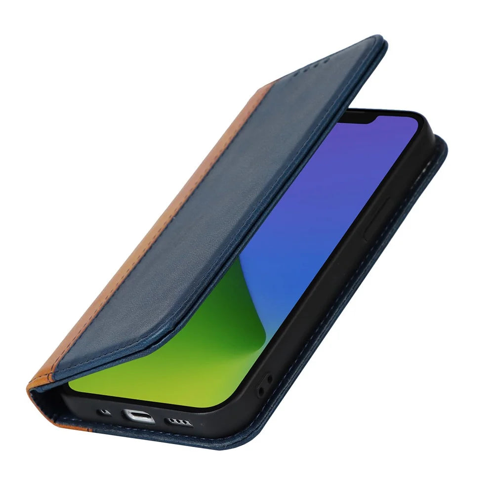 For iPhone 15 Plus PU Leather Phone Case Bi-color Splicing Anti-scratch Stand Wallet Cover - Blue+Yellow - 5