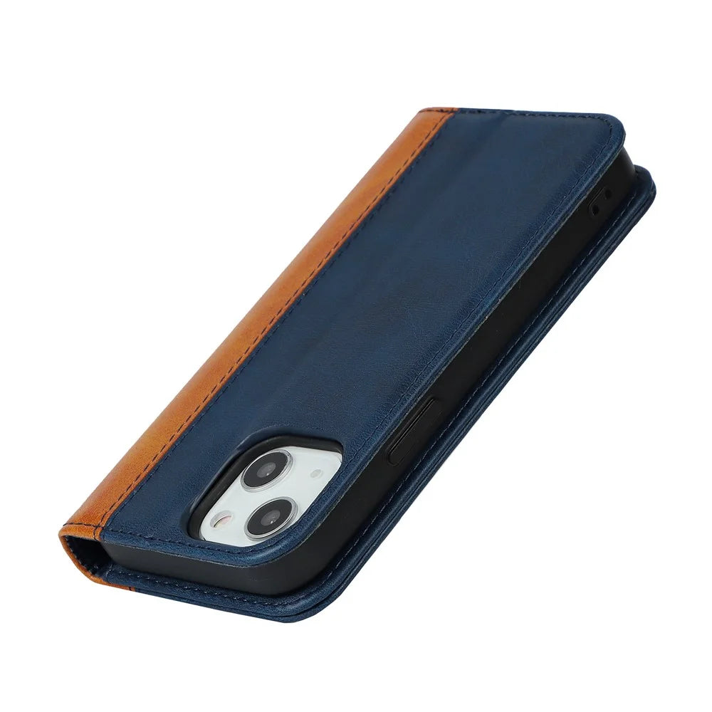 For iPhone 15 Plus PU Leather Phone Case Bi-color Splicing Anti-scratch Stand Wallet Cover - Blue+Yellow - 6