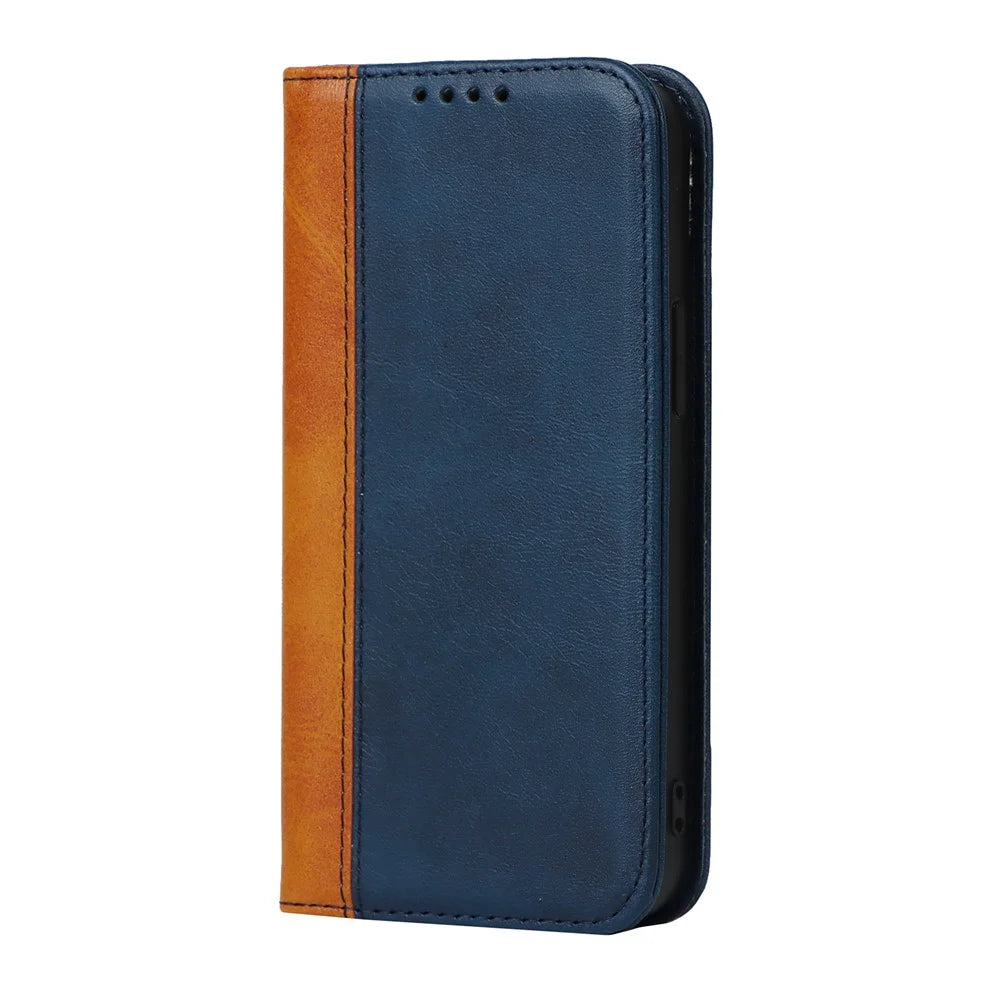 For iPhone 15 Plus PU Leather Phone Case Bi-color Splicing Anti-scratch Stand Wallet Cover - Blue+Yellow - 7