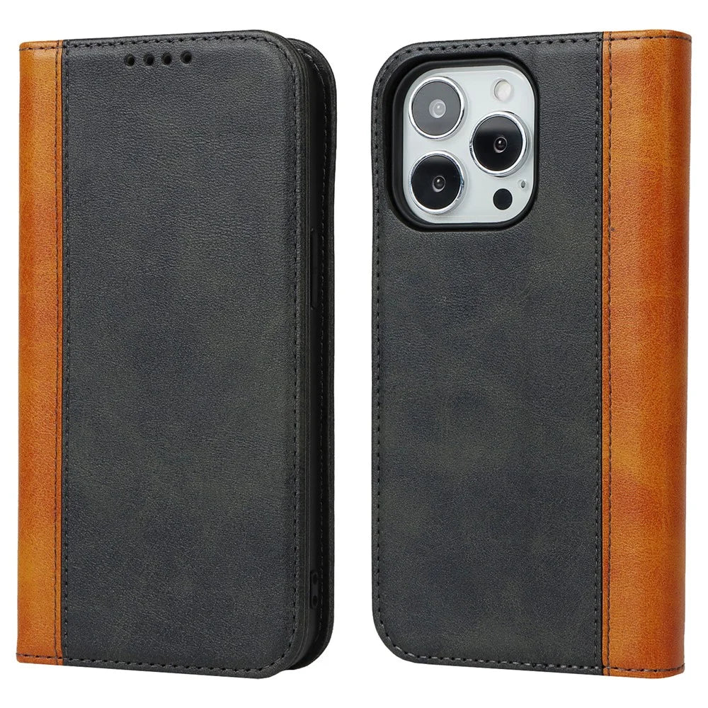 For iPhone 15 Pro Bi-color Splicing PU Leather Phone Case Support Stand Wallet Cover - Black+Yellow - 1