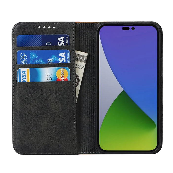 For iPhone 15 Pro Bi-color Splicing PU Leather Phone Case Support Stand Wallet Cover - Black+Yellow - 2