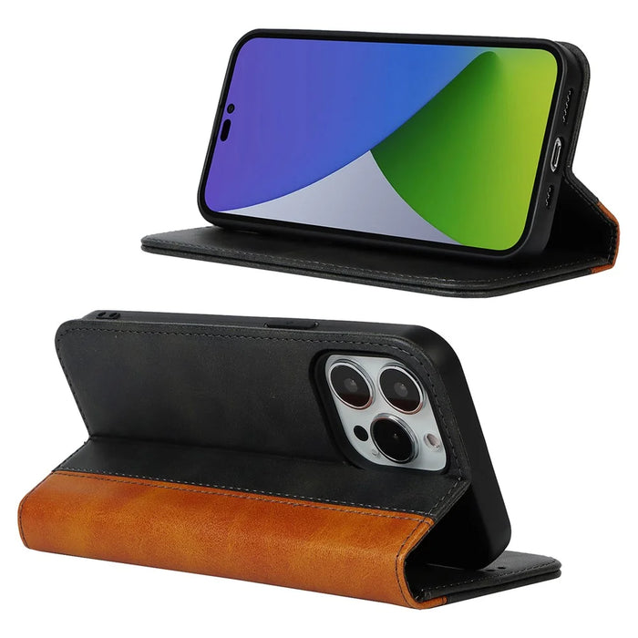 For iPhone 15 Pro Bi-color Splicing PU Leather Phone Case Support Stand Wallet Cover - Black+Yellow - 3