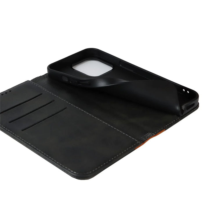 For iPhone 15 Pro Bi-color Splicing PU Leather Phone Case Support Stand Wallet Cover - Black+Yellow - 4