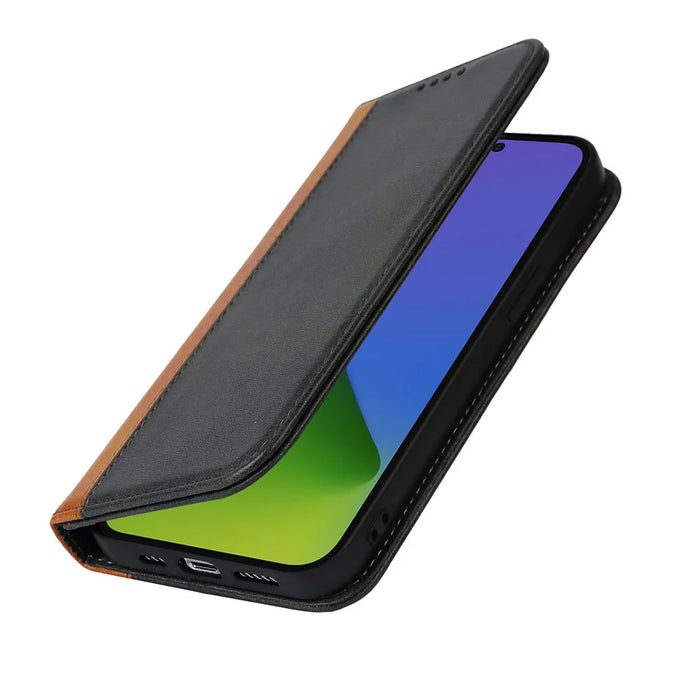 For iPhone 15 Pro Bi-color Splicing PU Leather Phone Case Support Stand Wallet Cover - Black+Yellow - 5