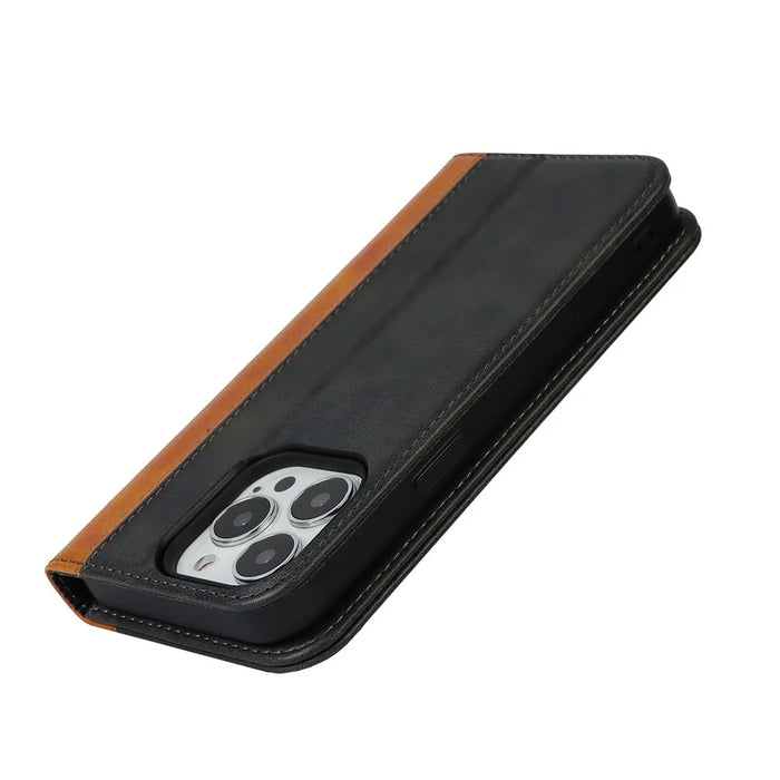 For iPhone 15 Pro Bi-color Splicing PU Leather Phone Case Support Stand Wallet Cover - Black+Yellow - 6