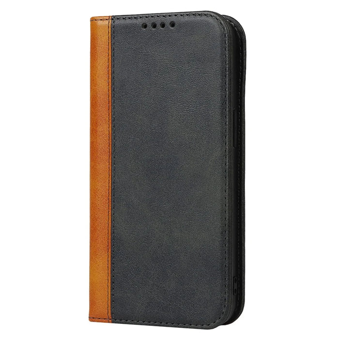 For iPhone 15 Pro Bi-color Splicing PU Leather Phone Case Support Stand Wallet Cover - Black+Yellow - 7