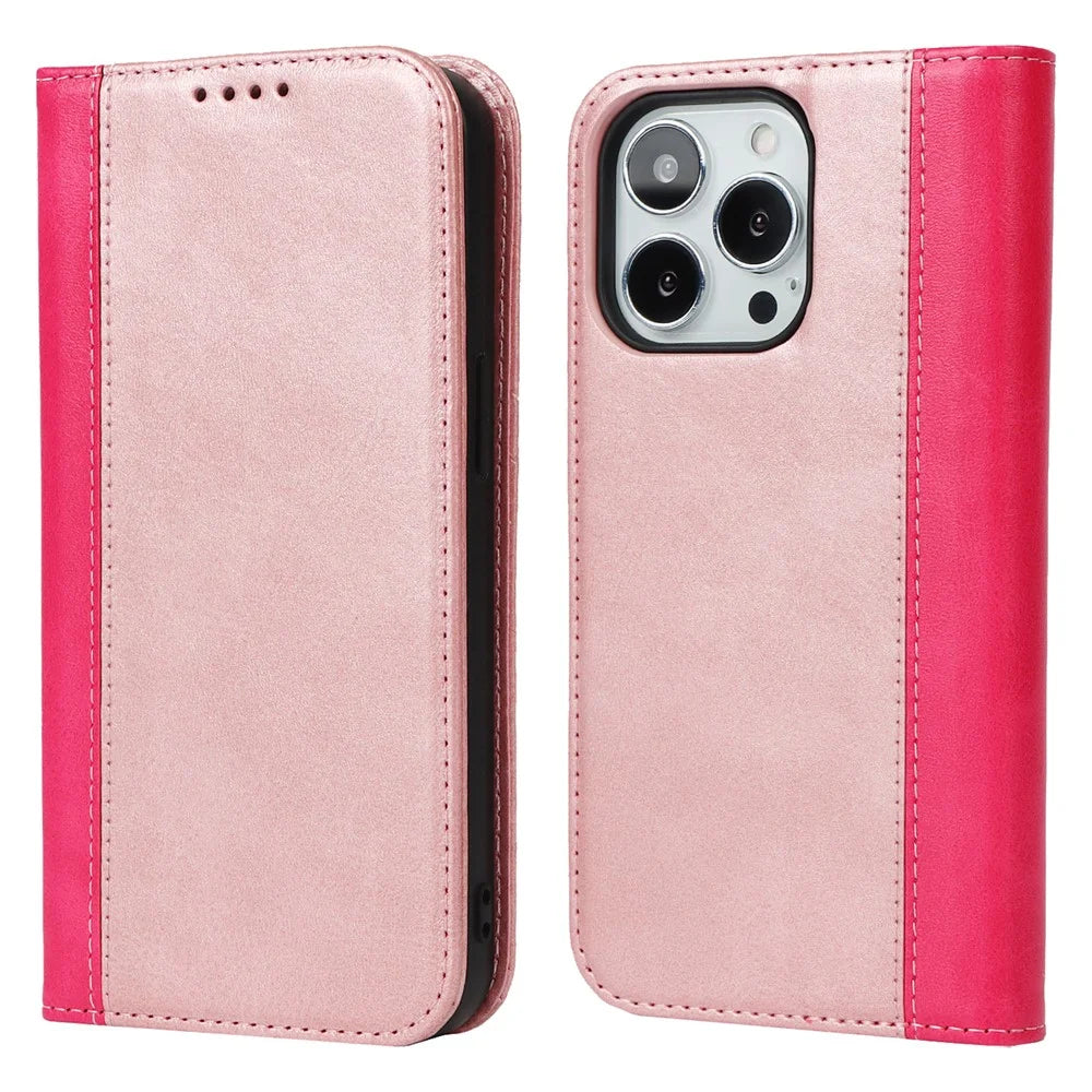 For iPhone 15 Pro Max PU Leather Wallet Phone Case Bi-color Splicing Anti-drop Stand Cover - Rose Gold+Rose - 1