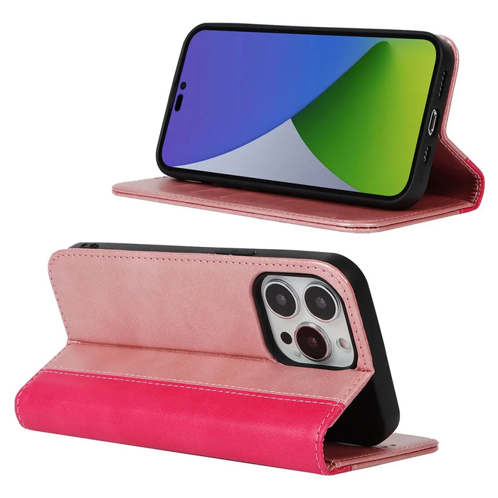 For iPhone 15 Pro Max PU Leather Wallet Phone Case Bi-color Splicing Anti-drop Stand Cover - Rose Gold+Rose - 3