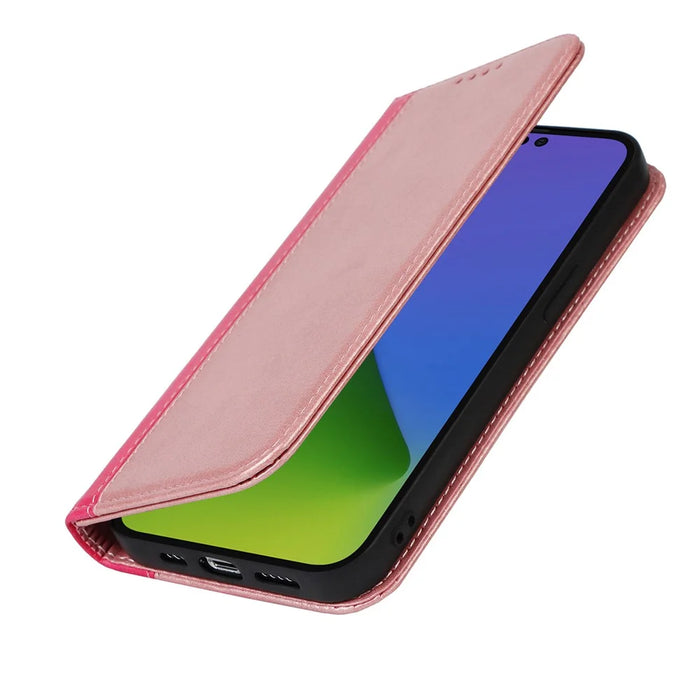 For iPhone 15 Pro Max PU Leather Wallet Phone Case Bi-color Splicing Anti-drop Stand Cover - Rose Gold+Rose - 5