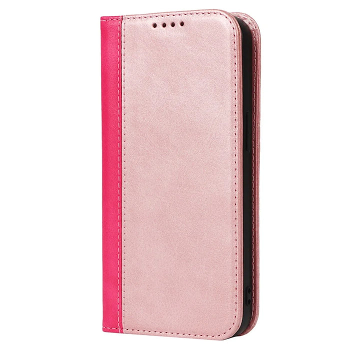 For iPhone 15 Pro Max PU Leather Wallet Phone Case Bi-color Splicing Anti-drop Stand Cover - Rose Gold+Rose - 7