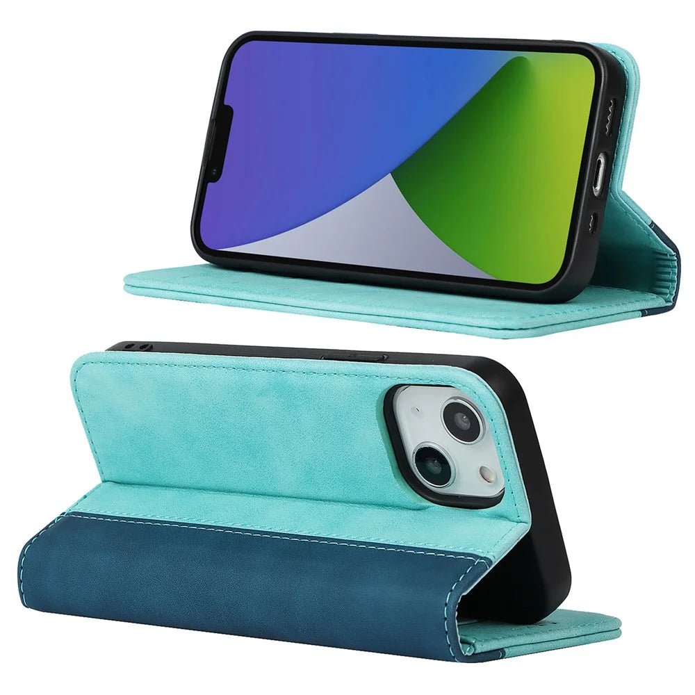 For iPhone 15 PU Leather Drop-proof Phone Case Bi-color Splicing Cover with Stand Wallet - Light Blue+Dark Blue - 3