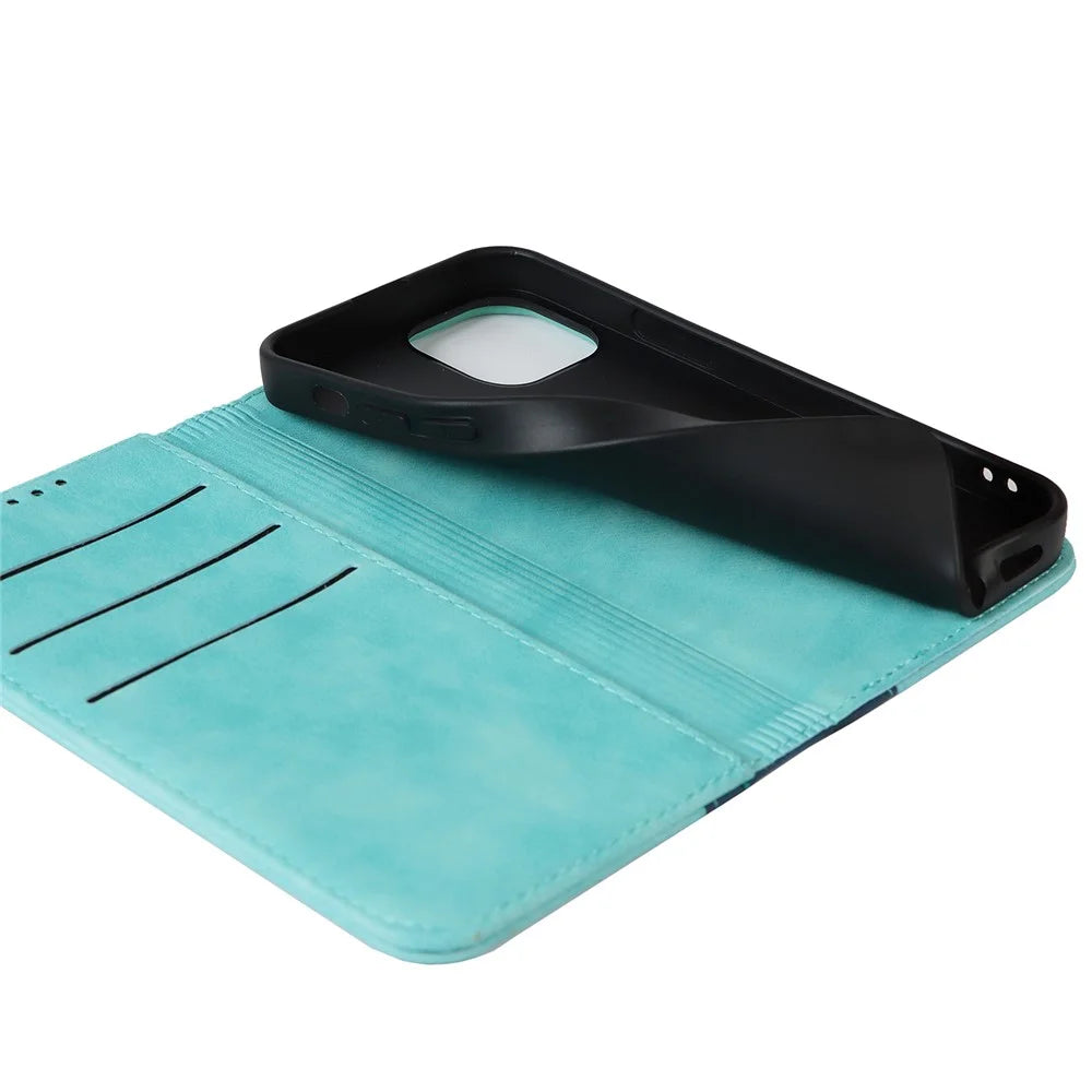 For iPhone 15 PU Leather Drop-proof Phone Case Bi-color Splicing Cover with Stand Wallet - Light Blue+Dark Blue - 4