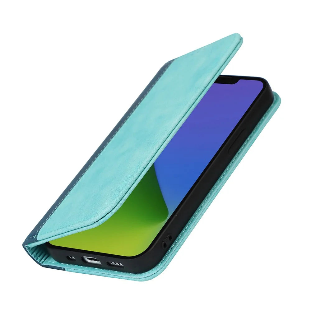 For iPhone 15 PU Leather Drop-proof Phone Case Bi-color Splicing Cover with Stand Wallet - Light Blue+Dark Blue - 5