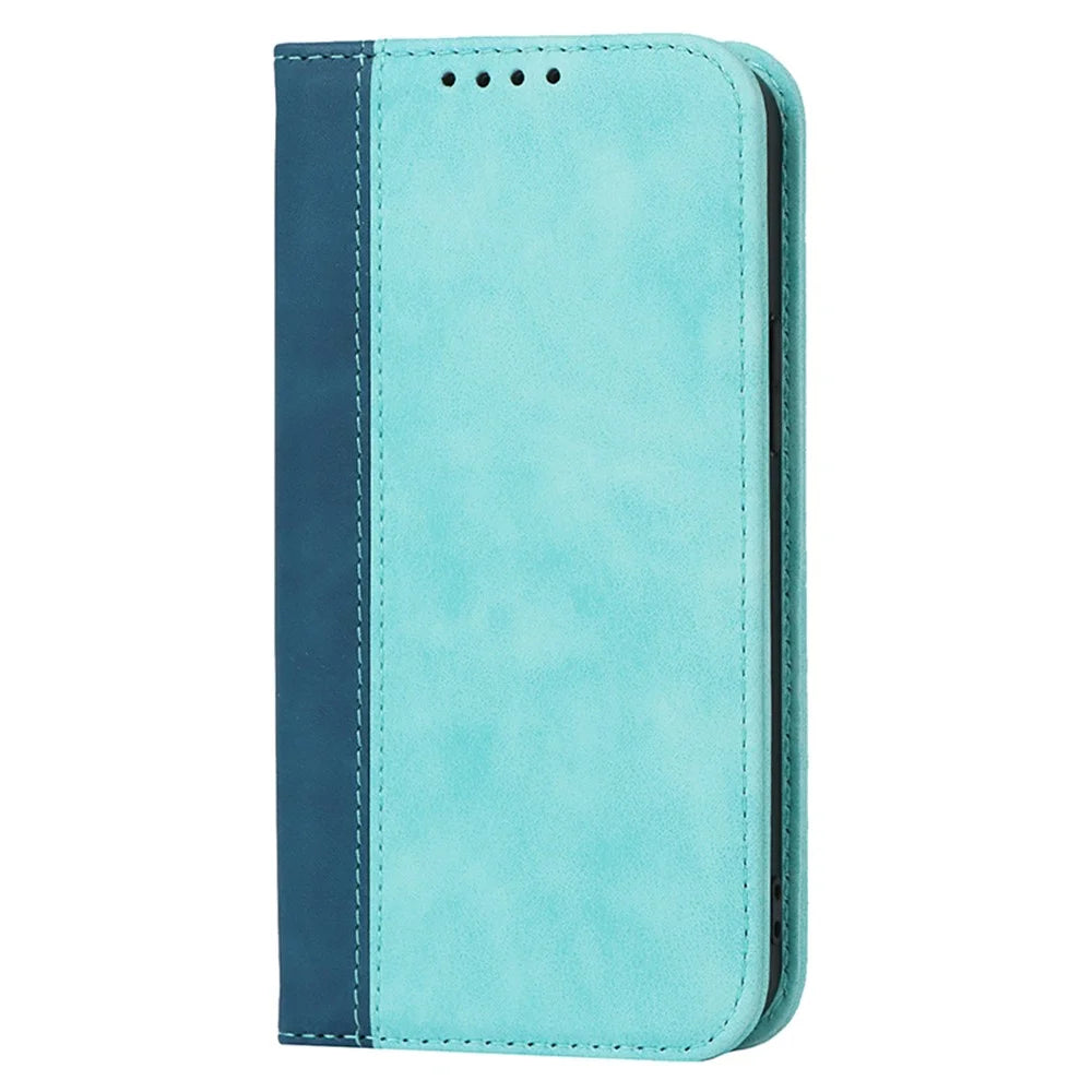 For iPhone 15 PU Leather Drop-proof Phone Case Bi-color Splicing Cover with Stand Wallet - Light Blue+Dark Blue - 7