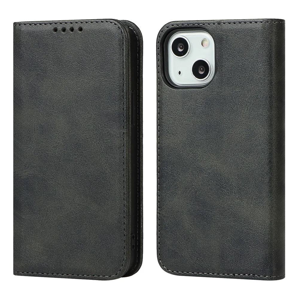 Calf Texture Protective Case for iPhone 15 , Anti-drop PU Leather Stand Wallet Phone Cover - Black - 1