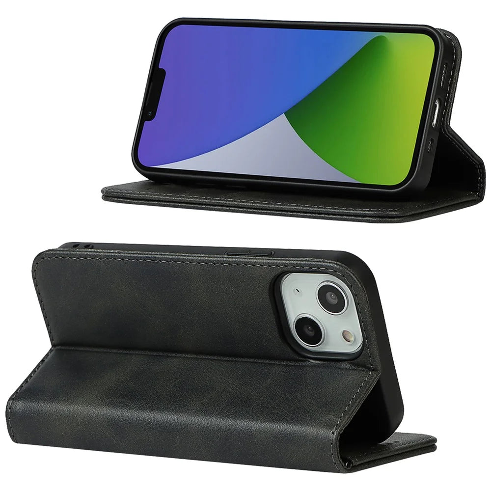 Calf Texture Protective Case for iPhone 15 , Anti-drop PU Leather Stand Wallet Phone Cover - Black - 3