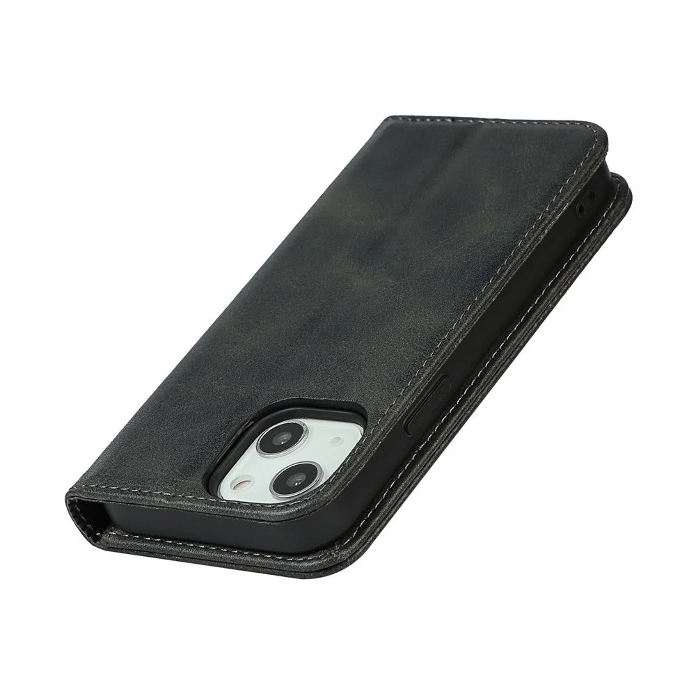 Calf Texture Protective Case for iPhone 15 , Anti-drop PU Leather Stand Wallet Phone Cover - Black - 6