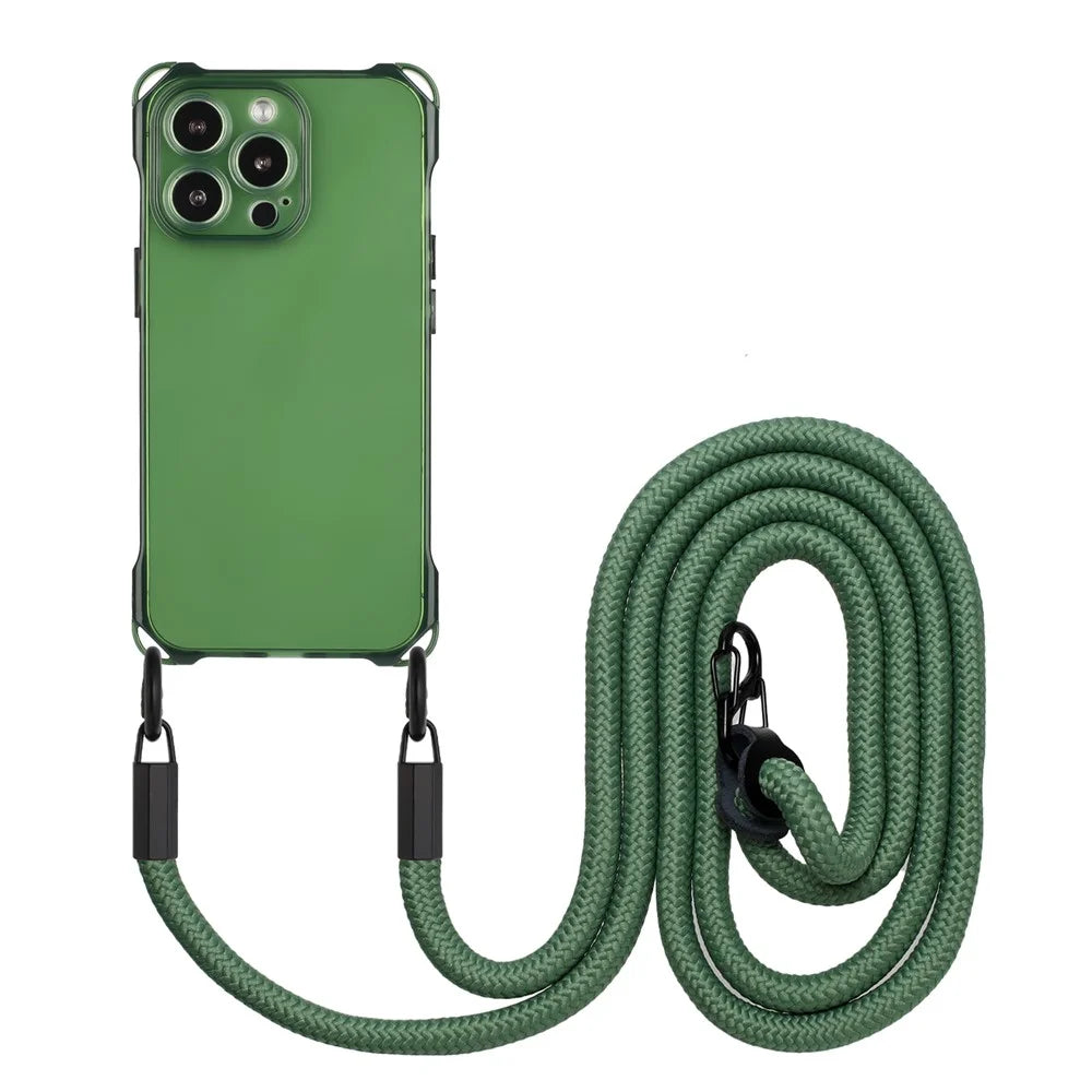 For iPhone 15 Pro Max TPU Phone Case Four Corners Shock Absorption Cover with Hanging Rope - Army Green - 1