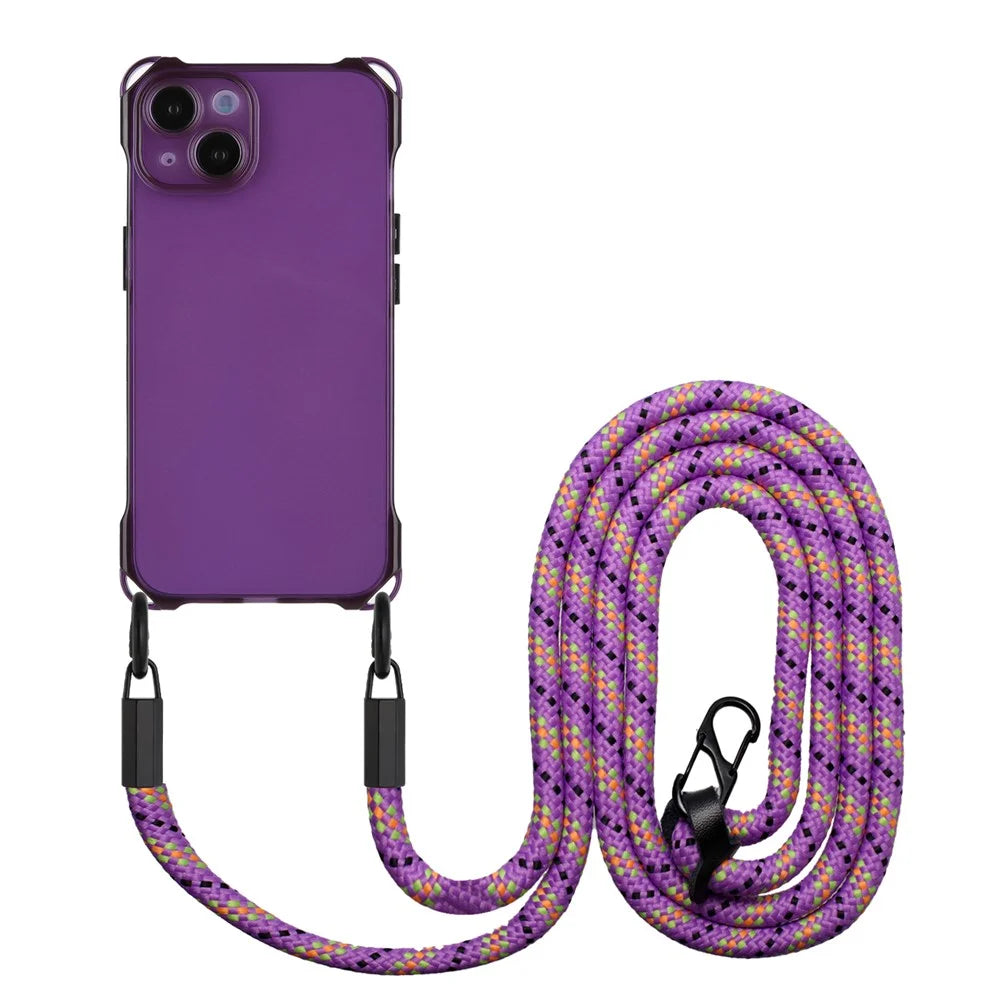 For iPhone 15 Slim-Fit Phone Cover Four Corners Anti-drop TPU Case with Hanging Rope - Purple - 1