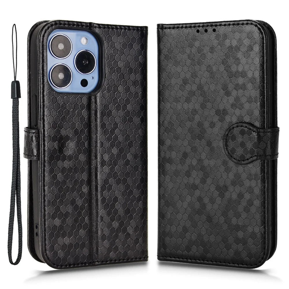 For iPhone 15 PU Leather Wallet Stand Phone Case Dot Imprinted Shockproof Cover - Black - 1