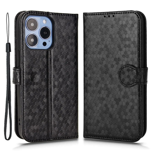 For iPhone 15 PU Leather Wallet Stand Phone Case Dot Imprinted Shockproof Cover - Black - 1