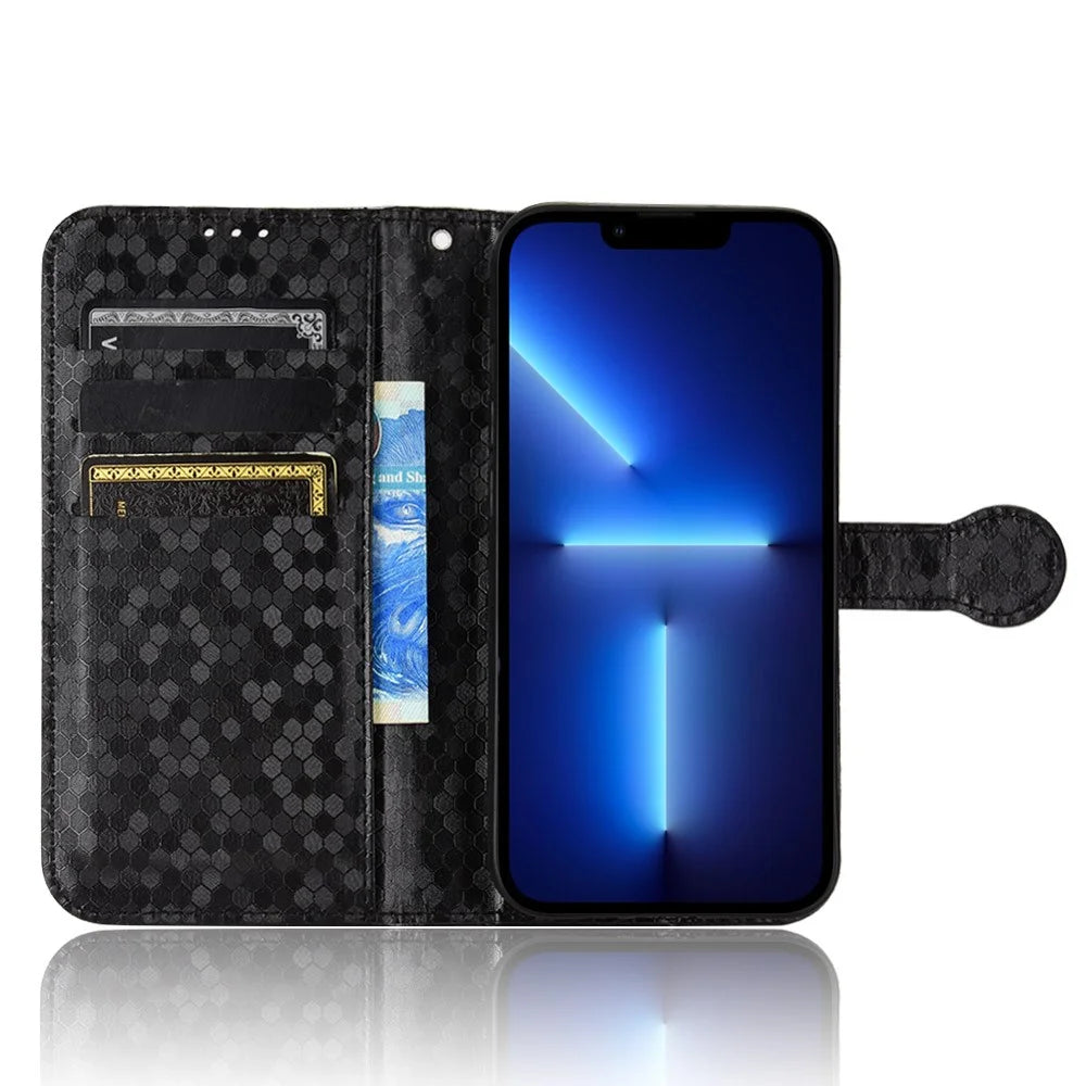For iPhone 15 PU Leather Wallet Stand Phone Case Dot Imprinted Shockproof Cover - Black - 2