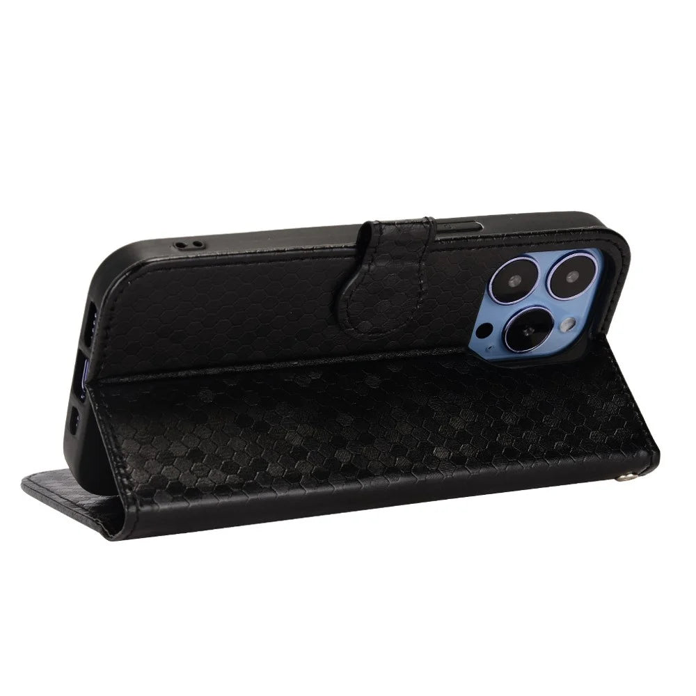 For iPhone 15 PU Leather Wallet Stand Phone Case Dot Imprinted Shockproof Cover - Black - 3