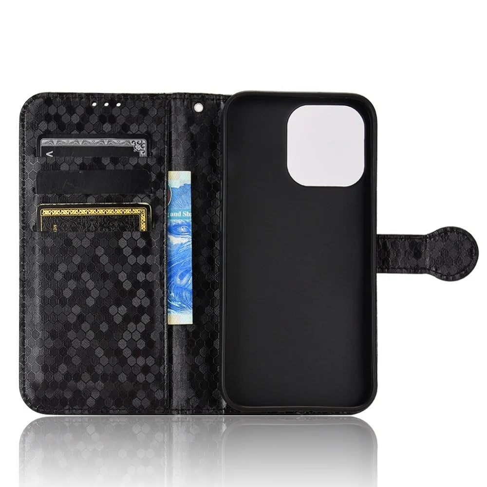 For iPhone 15 PU Leather Wallet Stand Phone Case Dot Imprinted Shockproof Cover - Black - 4