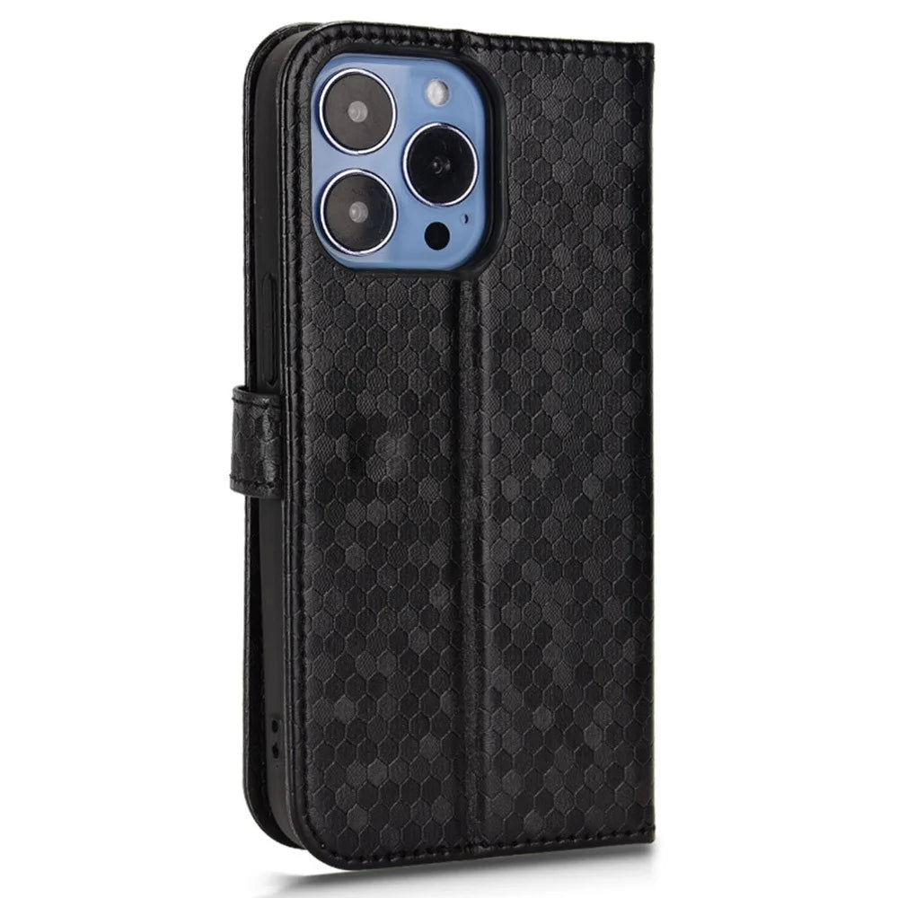 For iPhone 15 PU Leather Wallet Stand Phone Case Dot Imprinted Shockproof Cover - Black - 6