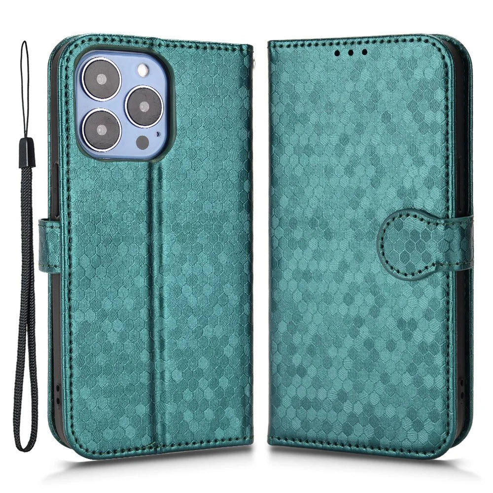 For iPhone 15 Pro Max Dot Imprinted Shockproof Cover Leather Wallet Stand Mobile Phone Case - Green - 1