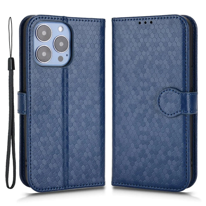 For iPhone 15 Plus PU Leather Anti-drop Phone Case Dot Imprinted Wallet Stand Cover - Sapphire - 1