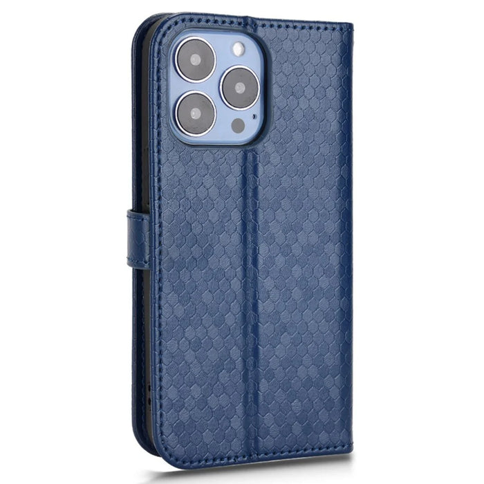 For iPhone 15 Plus PU Leather Anti-drop Phone Case Dot Imprinted Wallet Stand Cover - Sapphire - 6