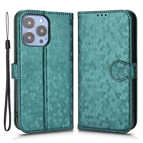 For iPhone 15 Pro PU Leather Wallet Phone Case Dot Imprinted Flip Stand Anti-fall Cover - Green - 1