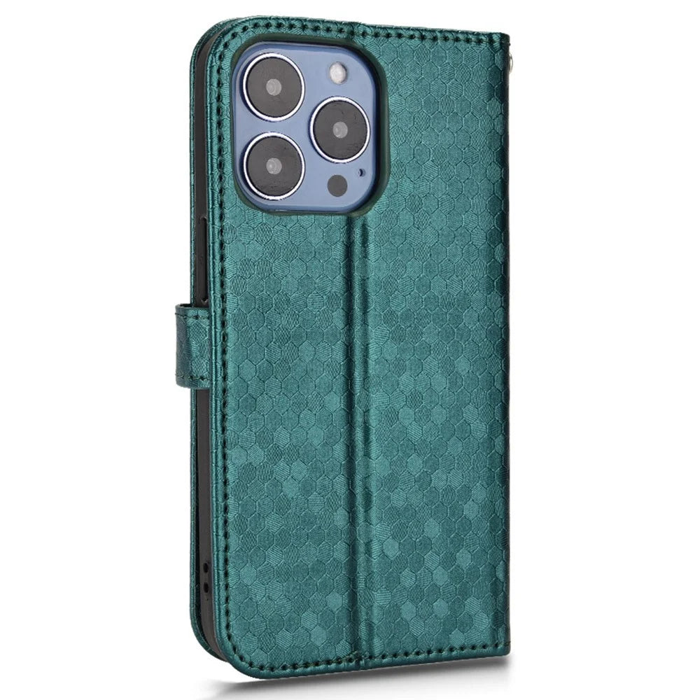 For iPhone 15 Pro PU Leather Wallet Phone Case Dot Imprinted Flip Stand Anti-fall Cover - Green - 6