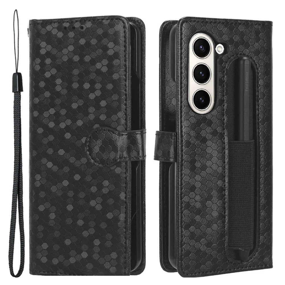For Samsung Galaxy Z Fold5 5G PU Leather Wallet Case Dot Imprint Stand Phone Cover with Pen Holder - Black - 1