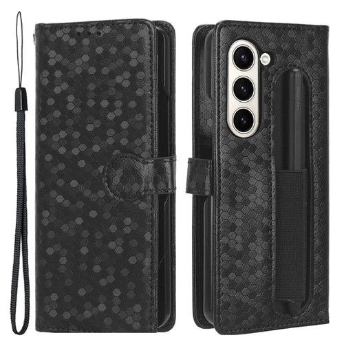 For Samsung Galaxy Z Fold5 5G PU Leather Wallet Case Dot Imprint Stand Phone Cover with Pen Holder - Black - 1