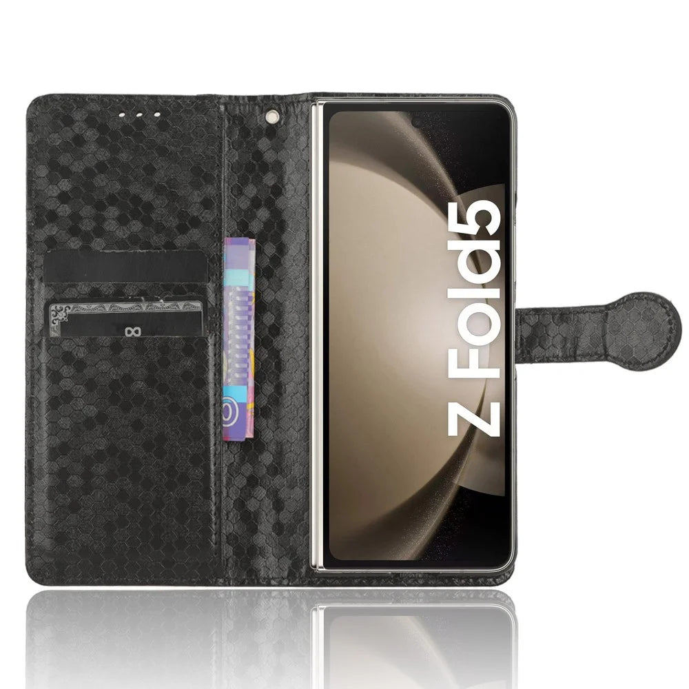 For Samsung Galaxy Z Fold5 5G PU Leather Wallet Case Dot Imprint Stand Phone Cover with Pen Holder - Black - 2