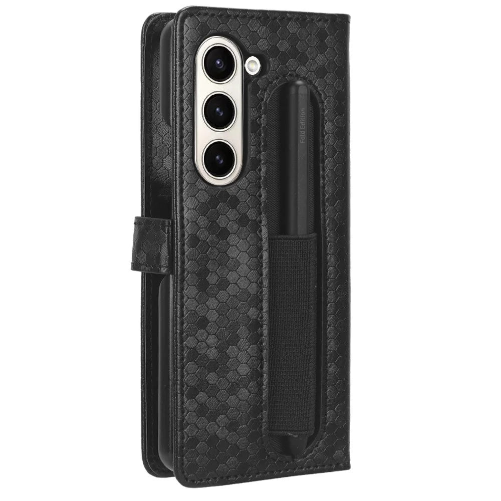 For Samsung Galaxy Z Fold5 5G PU Leather Wallet Case Dot Imprint Stand Phone Cover with Pen Holder - Black - 5