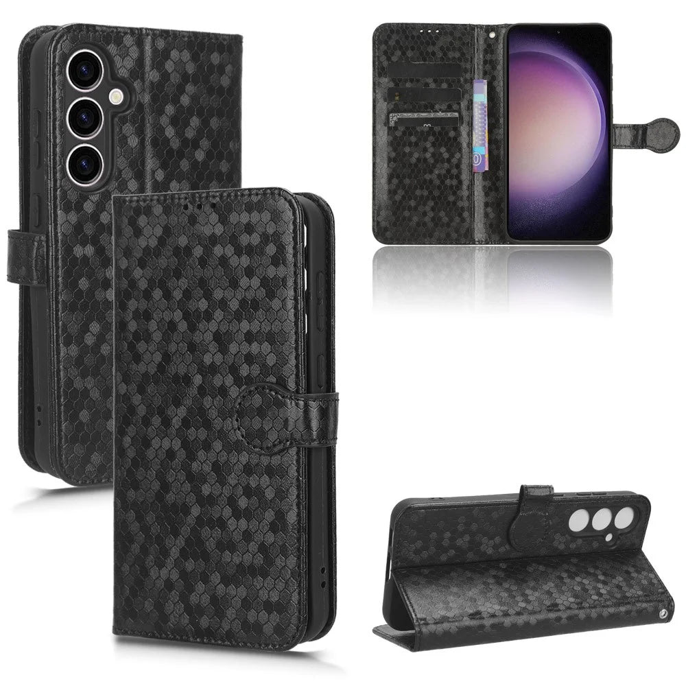 For Samsung Galaxy M34 5G / F34 5G PU Leather Stand Phone Case Dot Imprinted Wallet Cover - Black - 7