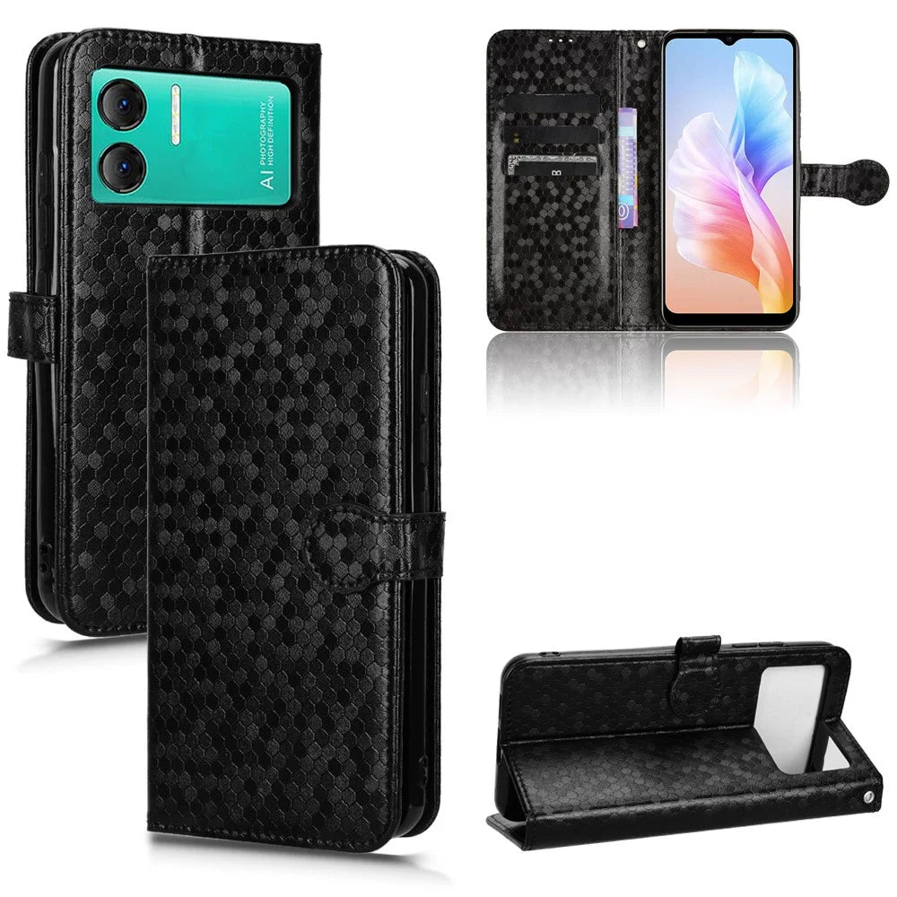 For Doogee X98 PU Leather Wallet Case Dot Imprint Drop-proof Phone Cover with Stand - Black - 7