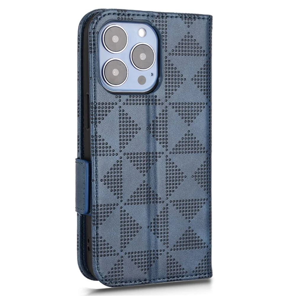 For iPhone 15 Pro Imprinted Triangle Anti-drop Phone Cover PU Leather Stand Wallet Case - Blue - 7