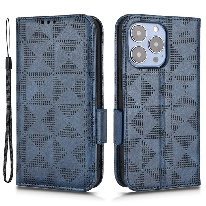 For iPhone 15 Plus Triangle Imprint PU Leather Wallet Case Anti-drop Stand Phone Cover - Blue - 1