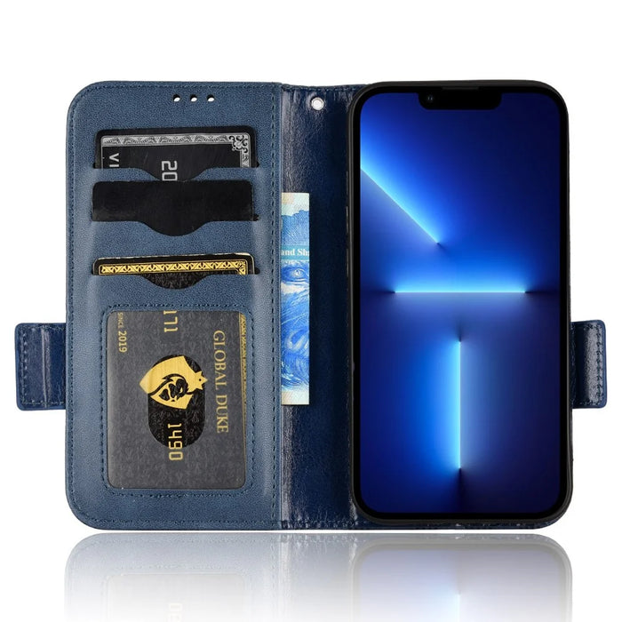 For iPhone 15 Plus Triangle Imprint PU Leather Wallet Case Anti-drop Stand Phone Cover - Blue - 2