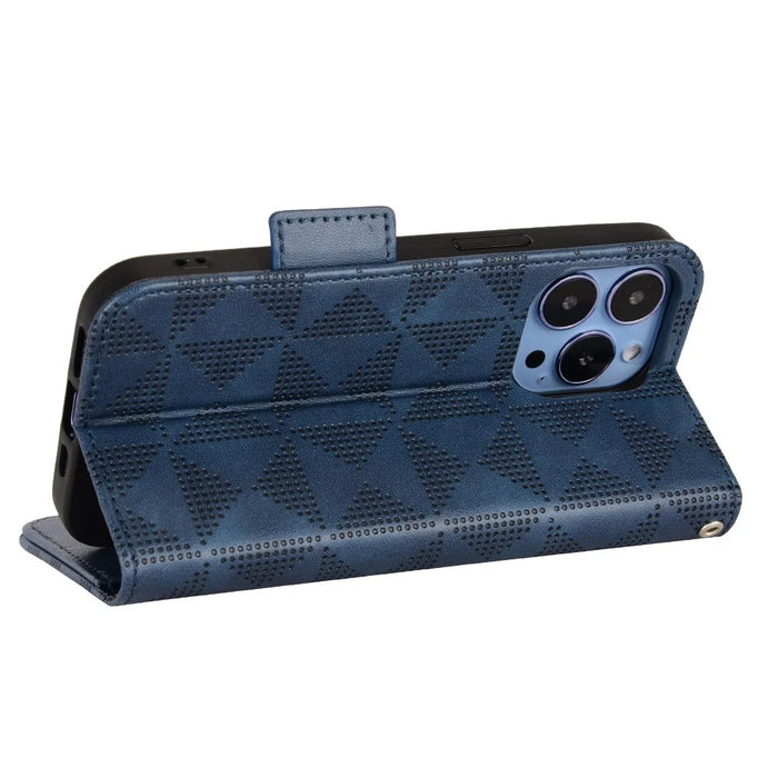For iPhone 15 Plus Triangle Imprint PU Leather Wallet Case Anti-drop Stand Phone Cover - Blue - 3