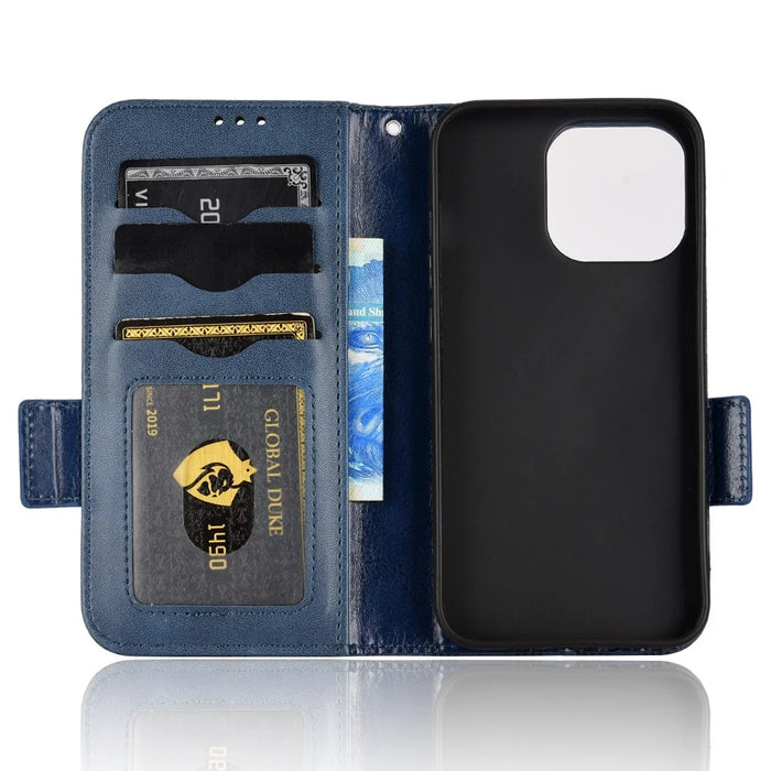 For iPhone 15 Plus Triangle Imprint PU Leather Wallet Case Anti-drop Stand Phone Cover - Blue - 4
