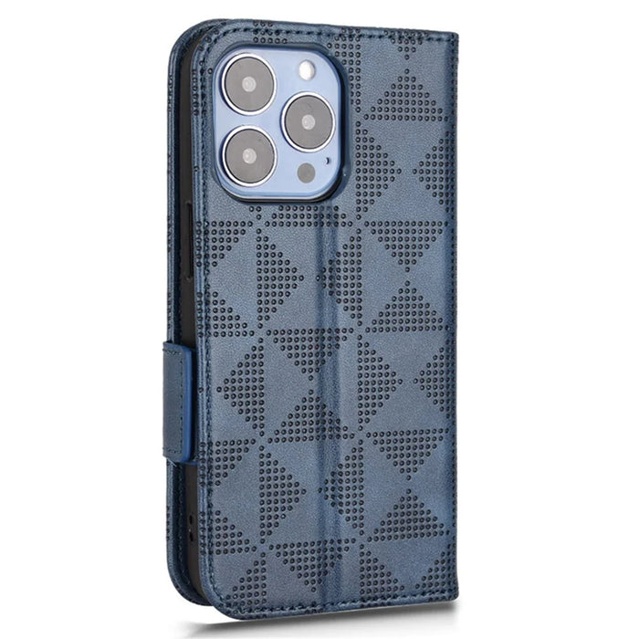 For iPhone 15 Plus Triangle Imprint PU Leather Wallet Case Anti-drop Stand Phone Cover - Blue - 7